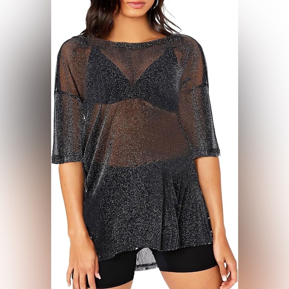 Remidoo Women's Casual Glitter Mesh Blouse Short Sleeve Round Neck Tops